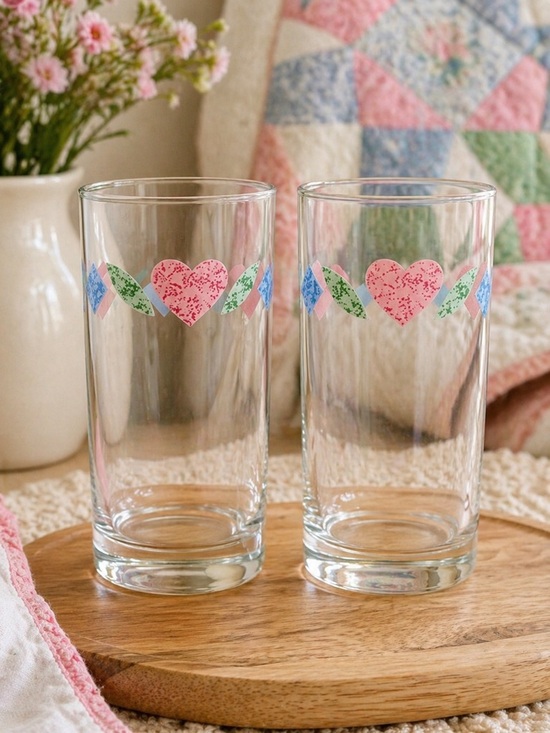 Corelle Other - Vintage Corelle Quilt Heart Tumblers Set of 2 Pink Patchwork Glasses